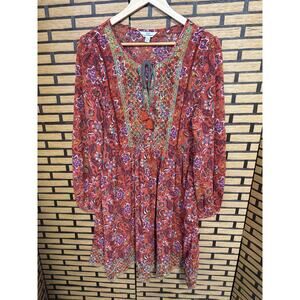 Time And Tru Orange Embroidered  Boho Tie Neck Shift Dress Size Medium